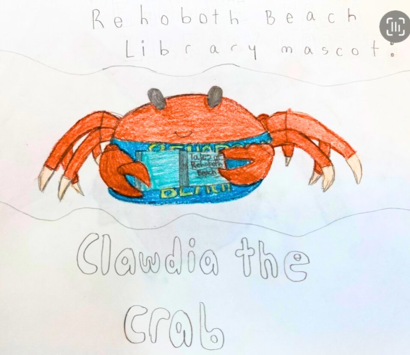 Rehoboth Beach Public Library’s new mascot, Clawdia the Crab, a little crab with a huge love for learning, was designed by Mia Barnes and selected from 10 finalists and hundreds of entries submitted by Rehoboth Elementary School student artists. SUBMITTED PHOTOS